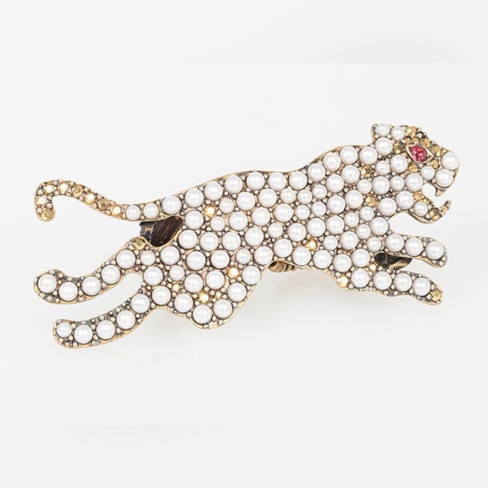 Metal Crystal Pearl Panther Ring Aged Gold✨🐆